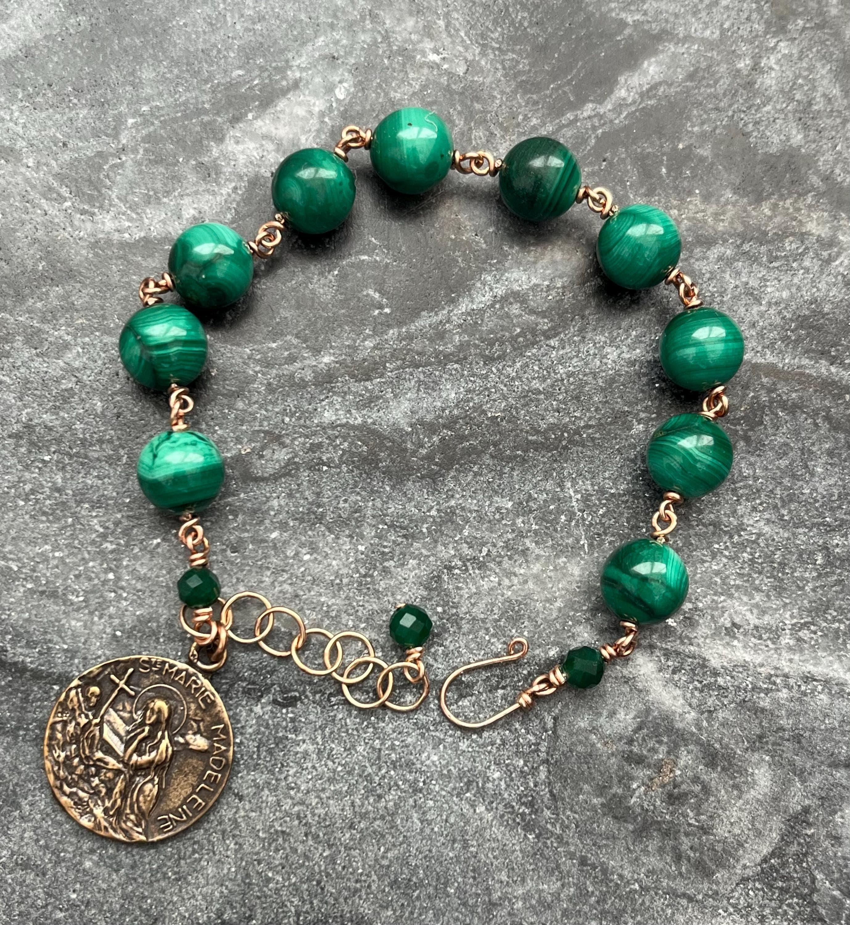 Saint Mary Magdalene Malachite and Bronze Rosary Bracelet