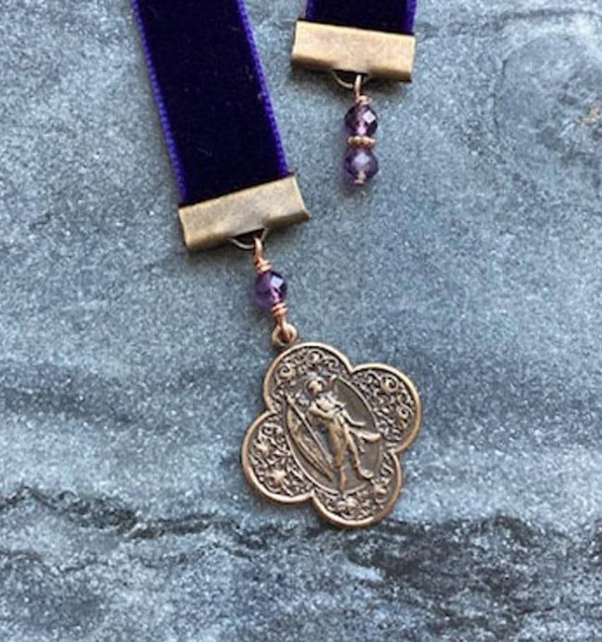 Velvet Catholic Bookmark - Saint Raphael - Bronze - Purple Velvet