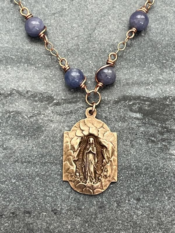 Our Lady of Lourdes Necklace - Solid Bronze and Tanzanite
