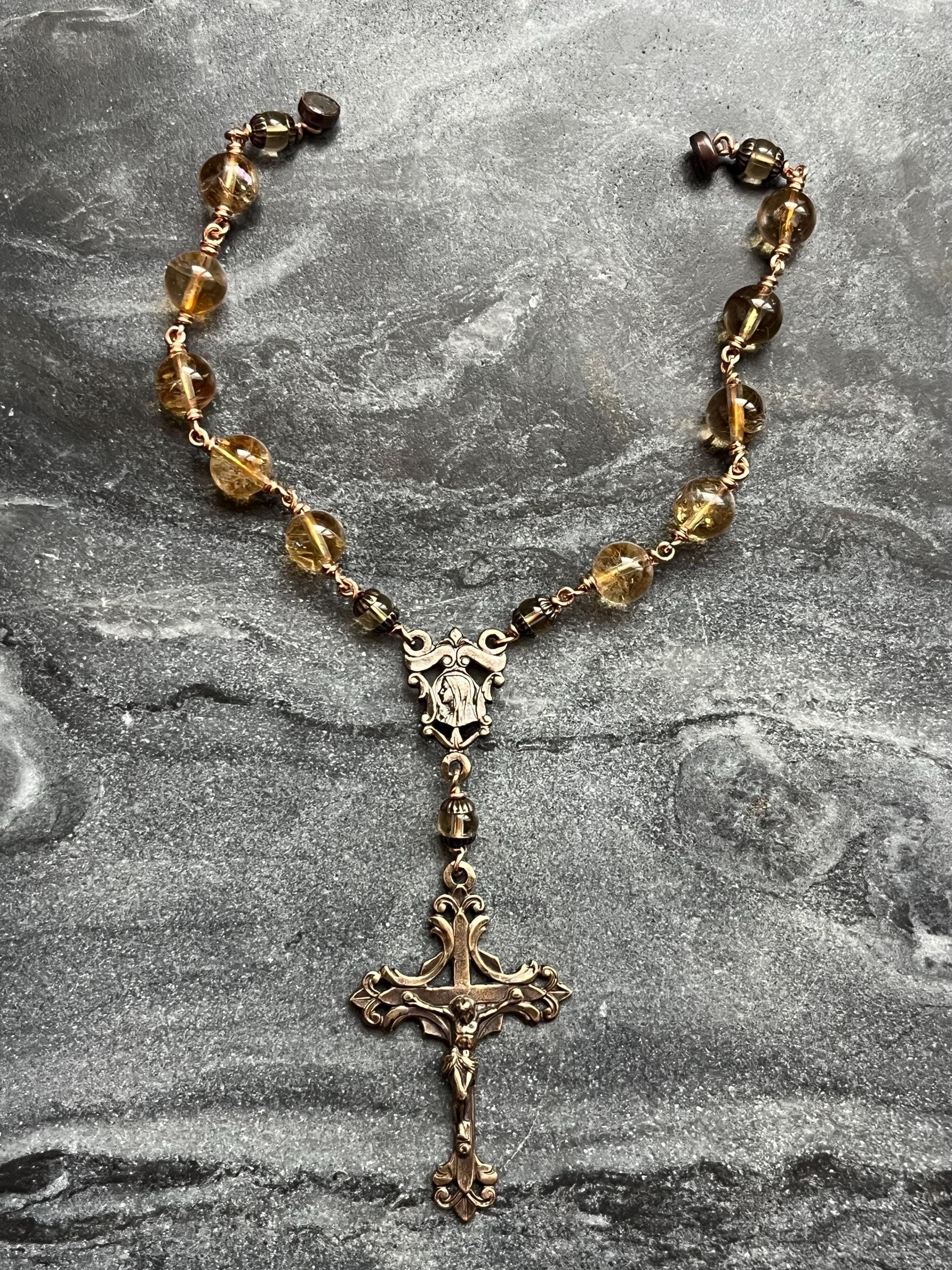 Auto Rosary - Bronze and Citrine - Car Rosary - Rear View Mirror Rosary