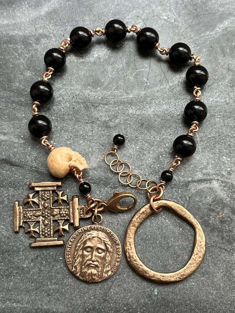 Memento Mori Rosary Bracelet and Tenner - Solid Bronze and Onyx - Holy Face - Jerusalem Cross - Penal Rosary