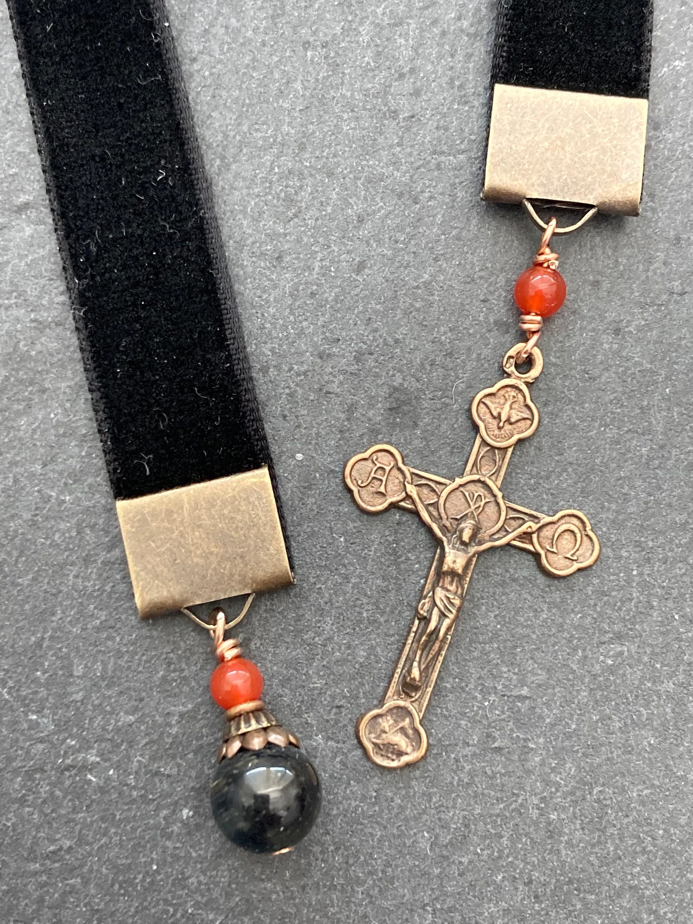 Velvet Catholic Bookmark - Sacraments Crucifix - Bronze - Black Velvet