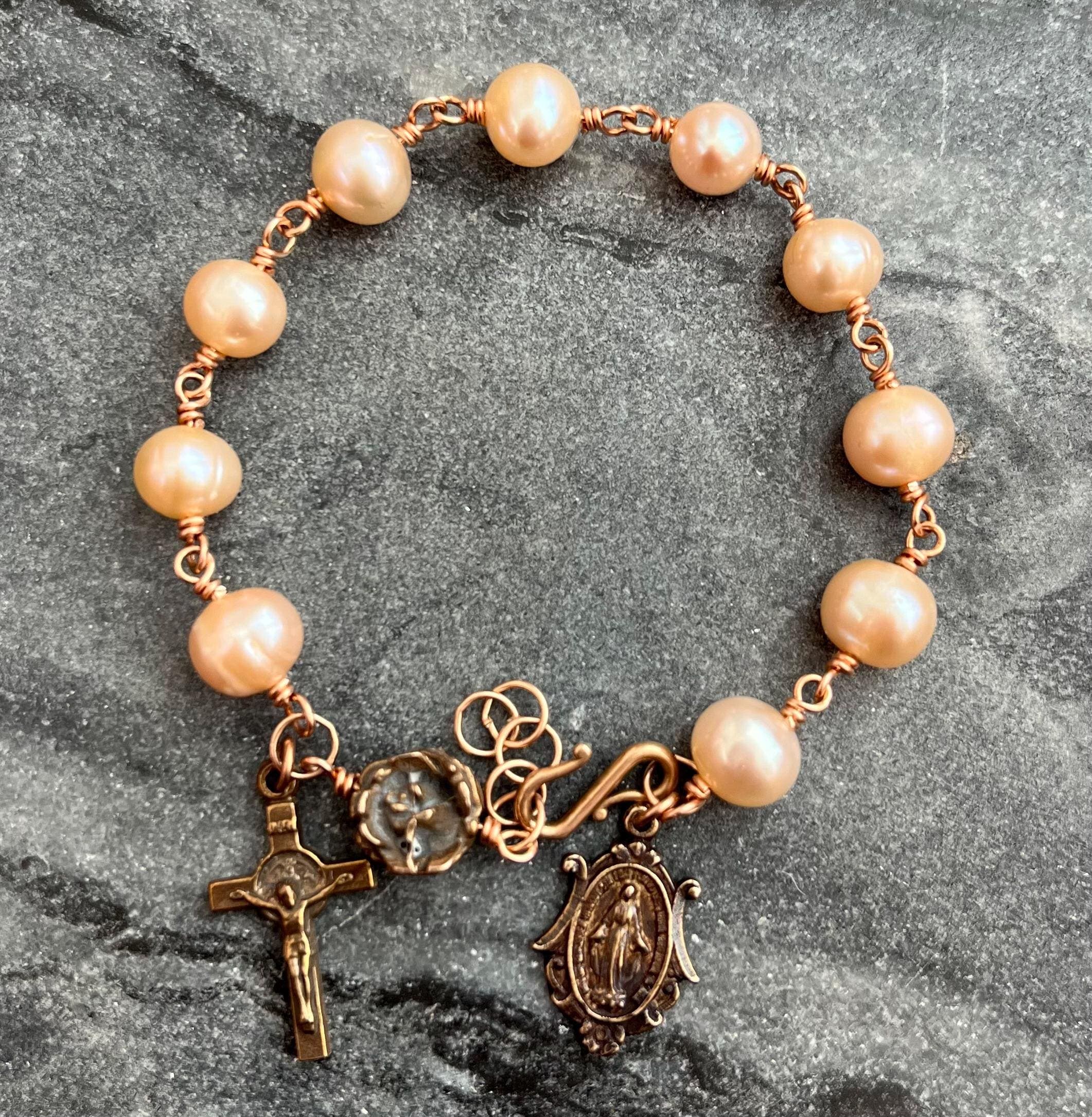 Pearl Bronze Rosary Bracelet - Miraculous Medal and Saint Benedict Crucifix