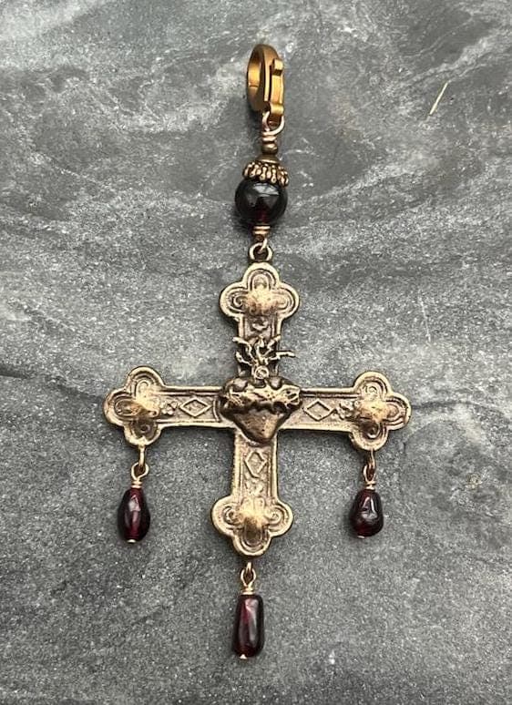 Sacred Heart Cross Bag Charm - Solid Bronze and Garnet