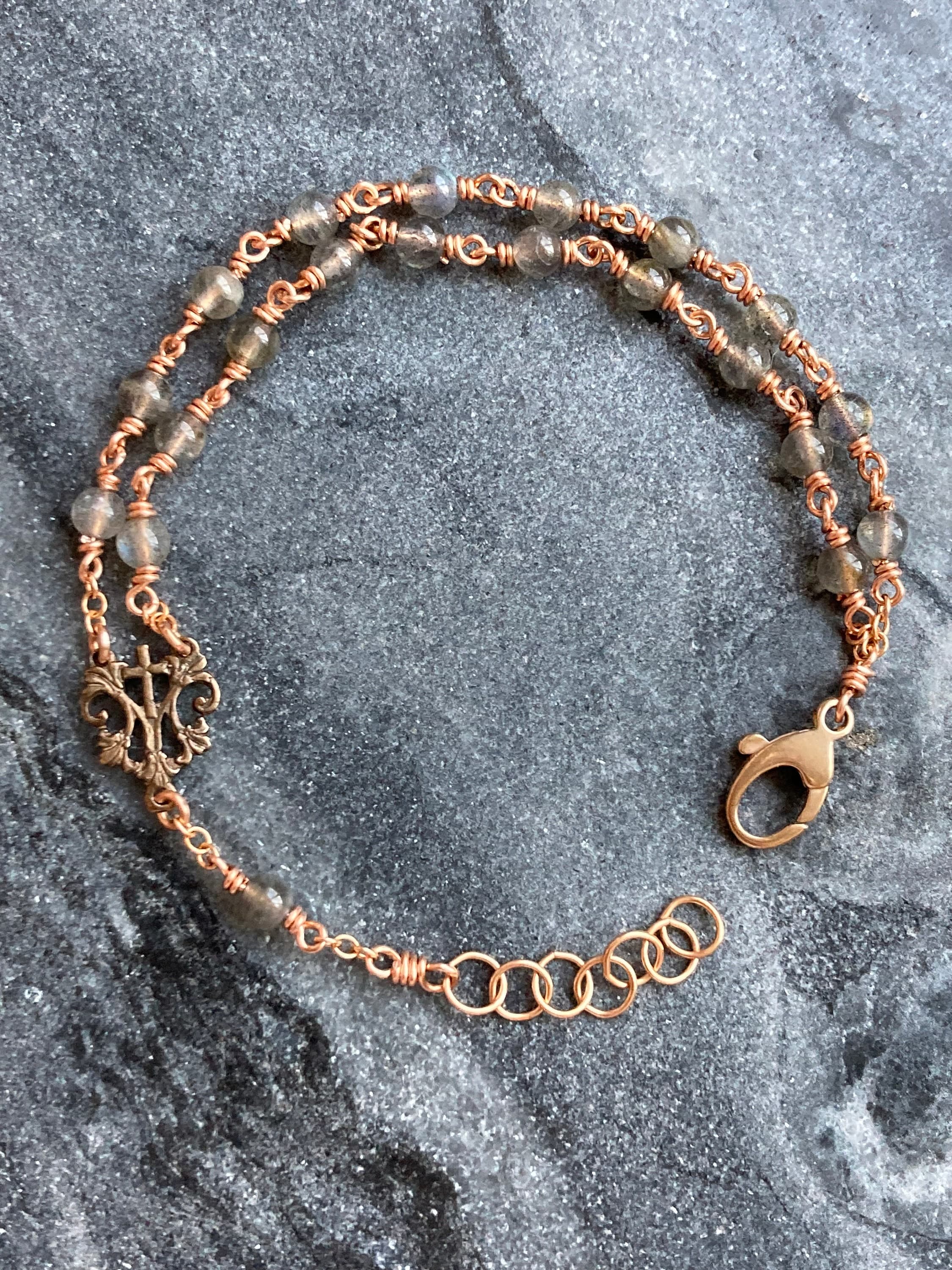 Labradorite Rosary Bracelet - Marian Auspice with Cross Center - Solid Bronze