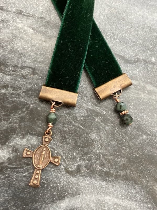 Velvet Catholic Bookmark - Emerald - Bronze - Green Velvet