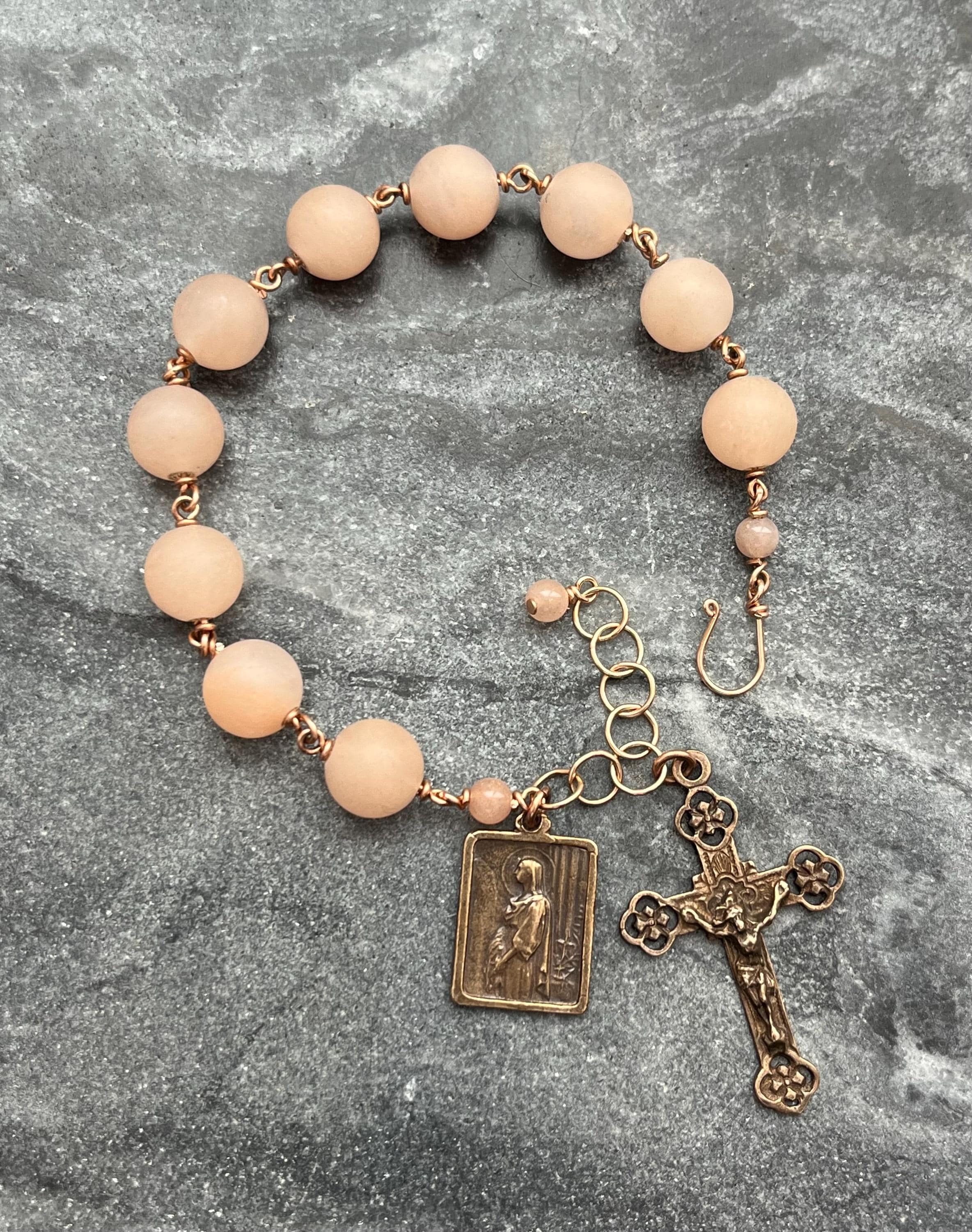 Saint Philomena Peach Jade and Bronze Rosary Bracelet