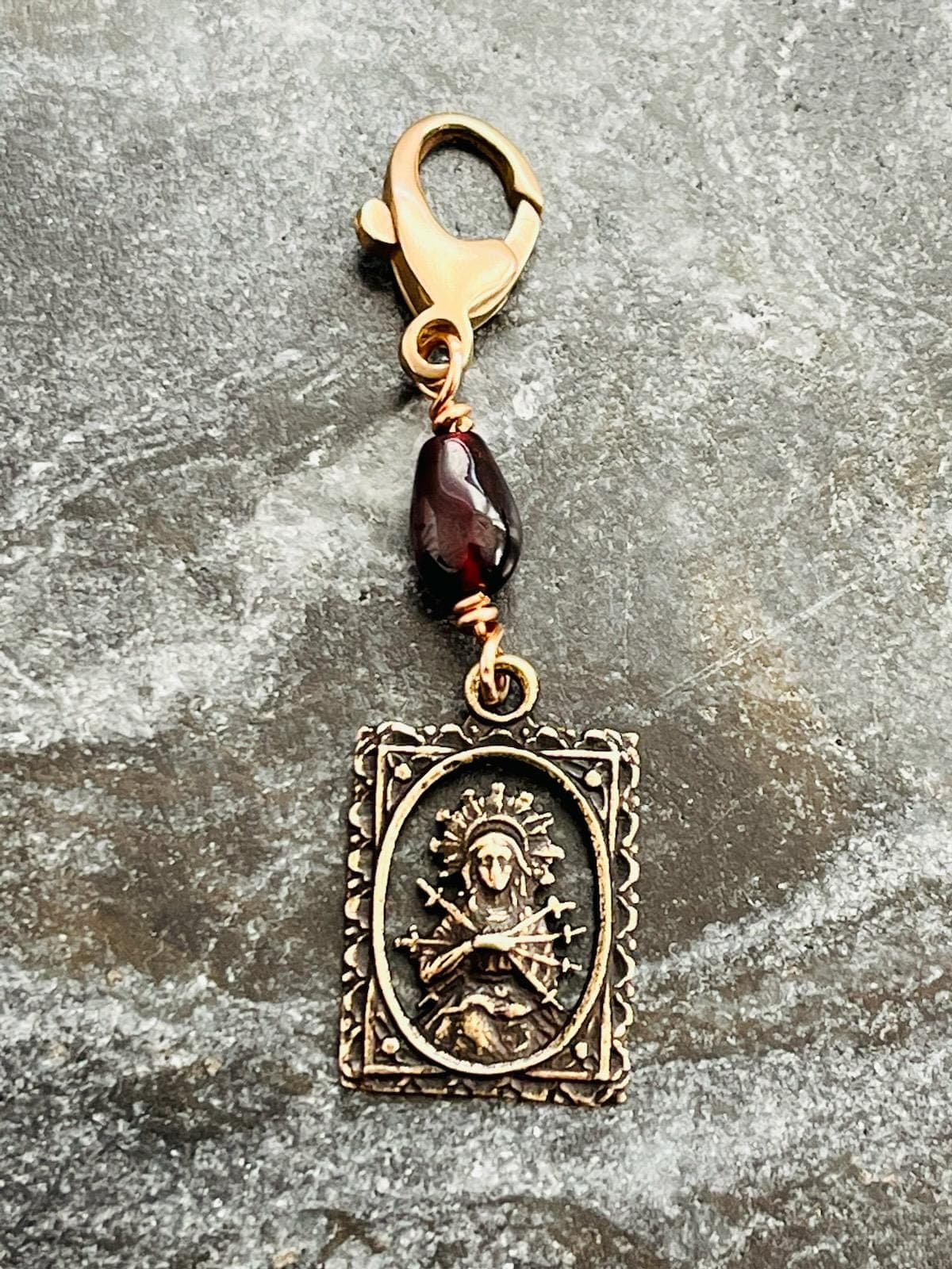 Bag Charm Our Lady of Sorrows Zipper Pull - Bronze and Garnet