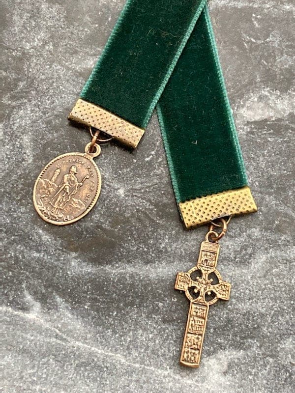 Velvet Catholic Bookmark - Celtic Cross and Saint Patrick - Bronze - Green Velvet