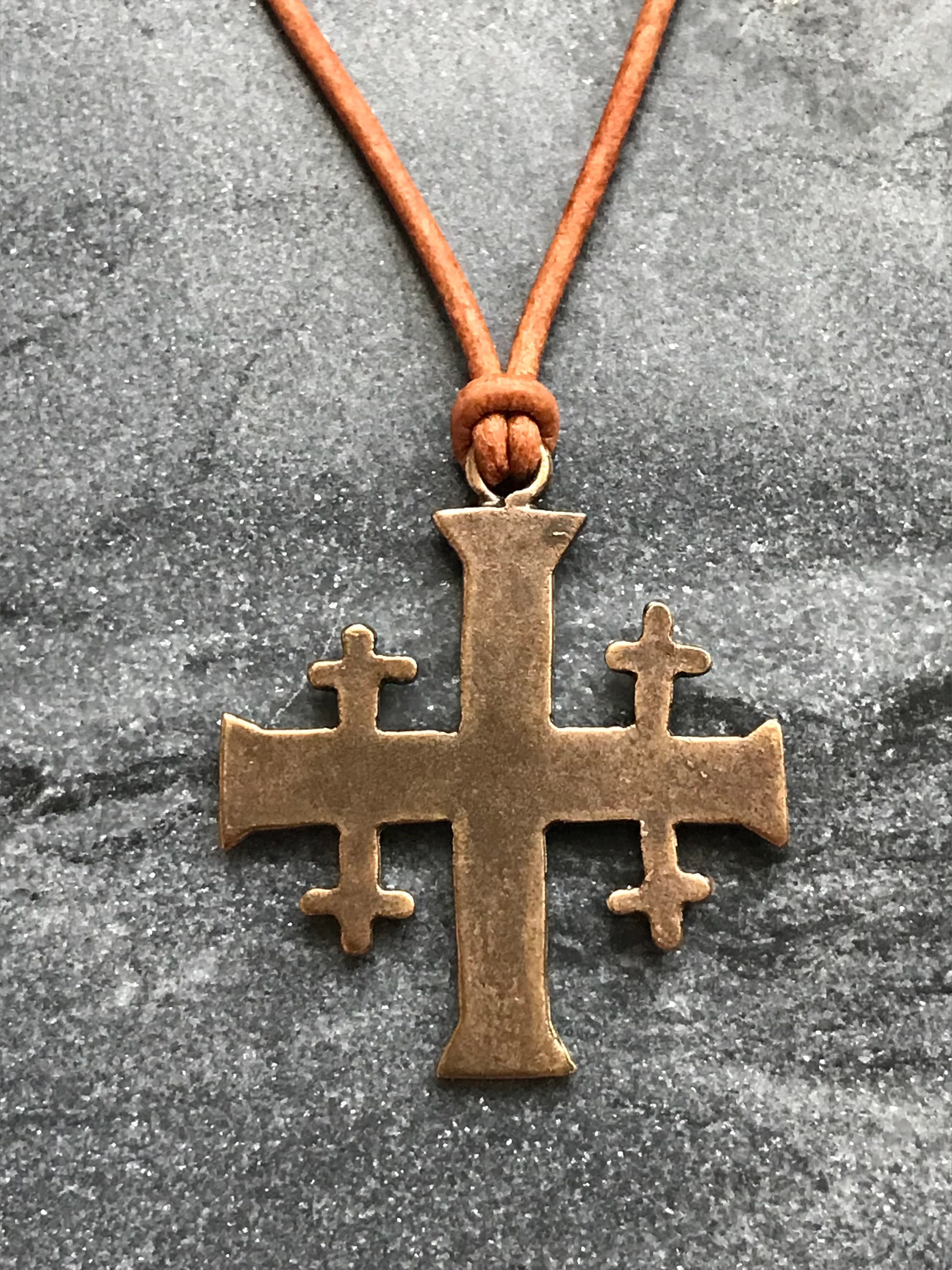 Jerusalem Cross Solid Bronze or Sterling Silver and Leather Necklace
