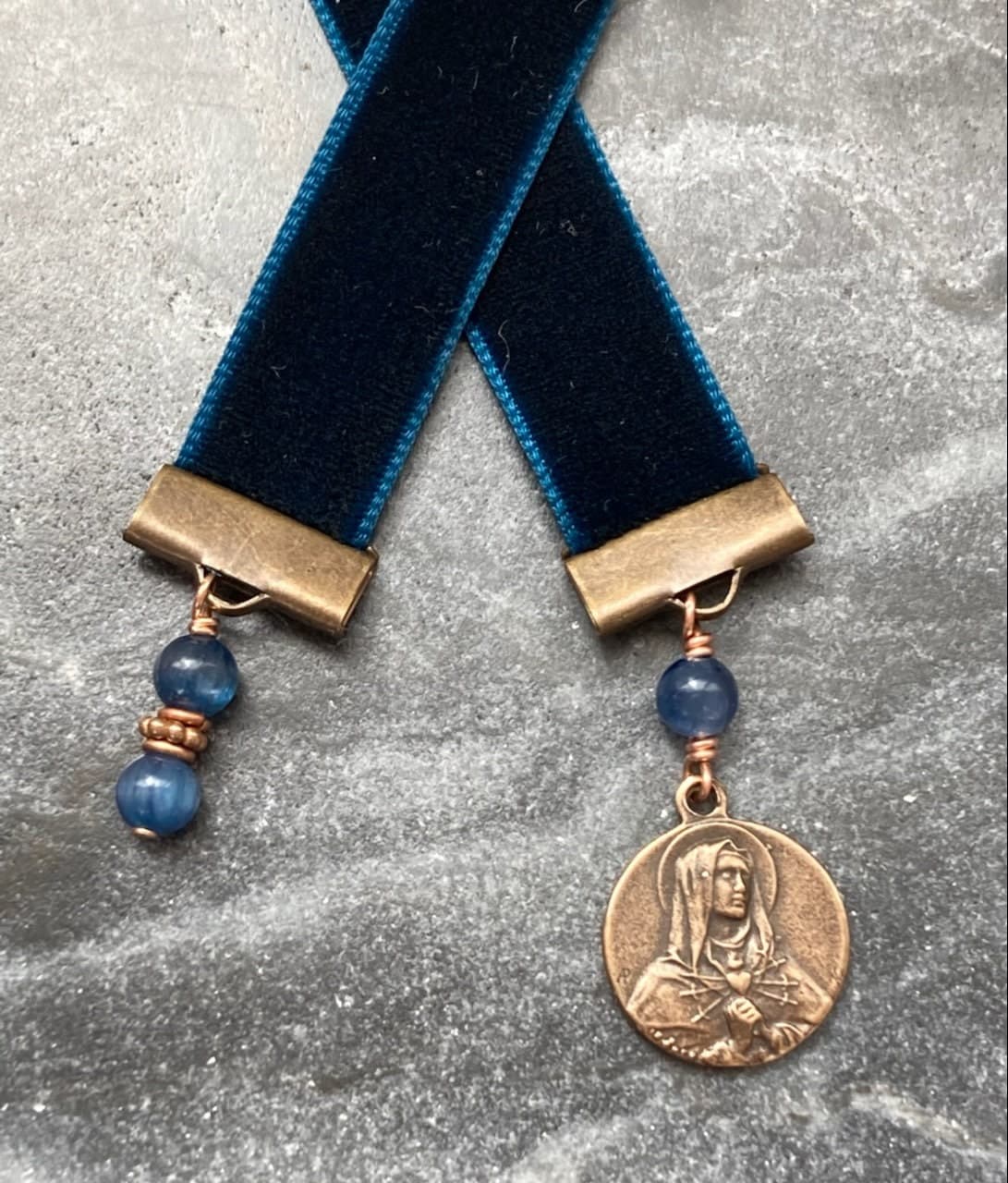 Velvet Catholic Bookmark - Our Lady of Sorrows - Bronze - Sapphire Blue Velvet