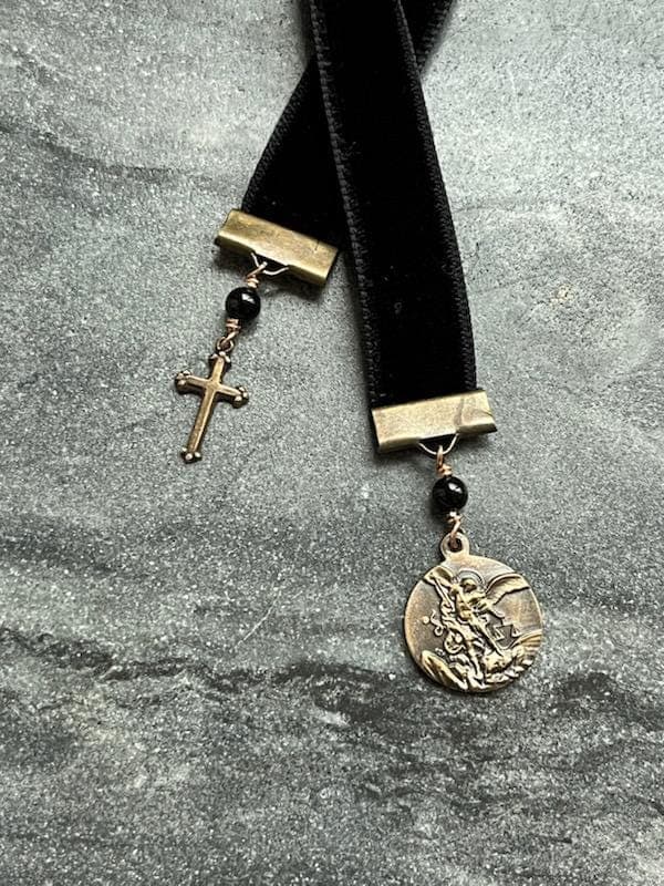 Velvet Catholic Bookmark - Saint Michael - Bronze - Black Velvet