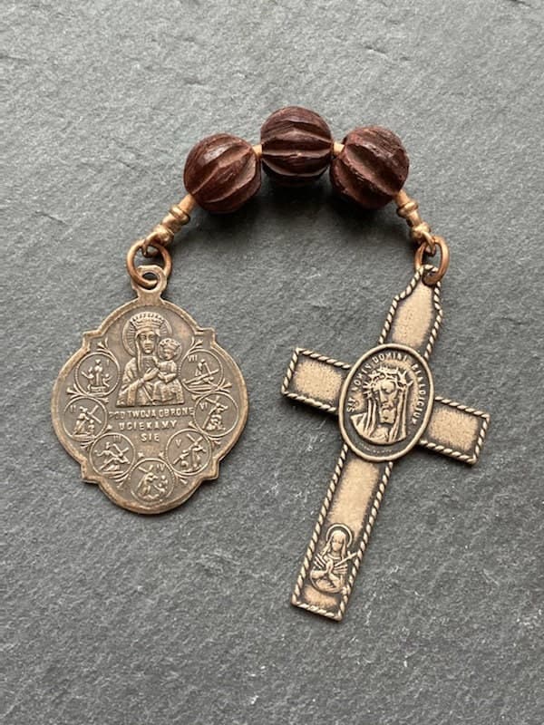Stations of the Cross Three Hail Mary Chaplet - Bronze and leather - Pocket Rosary