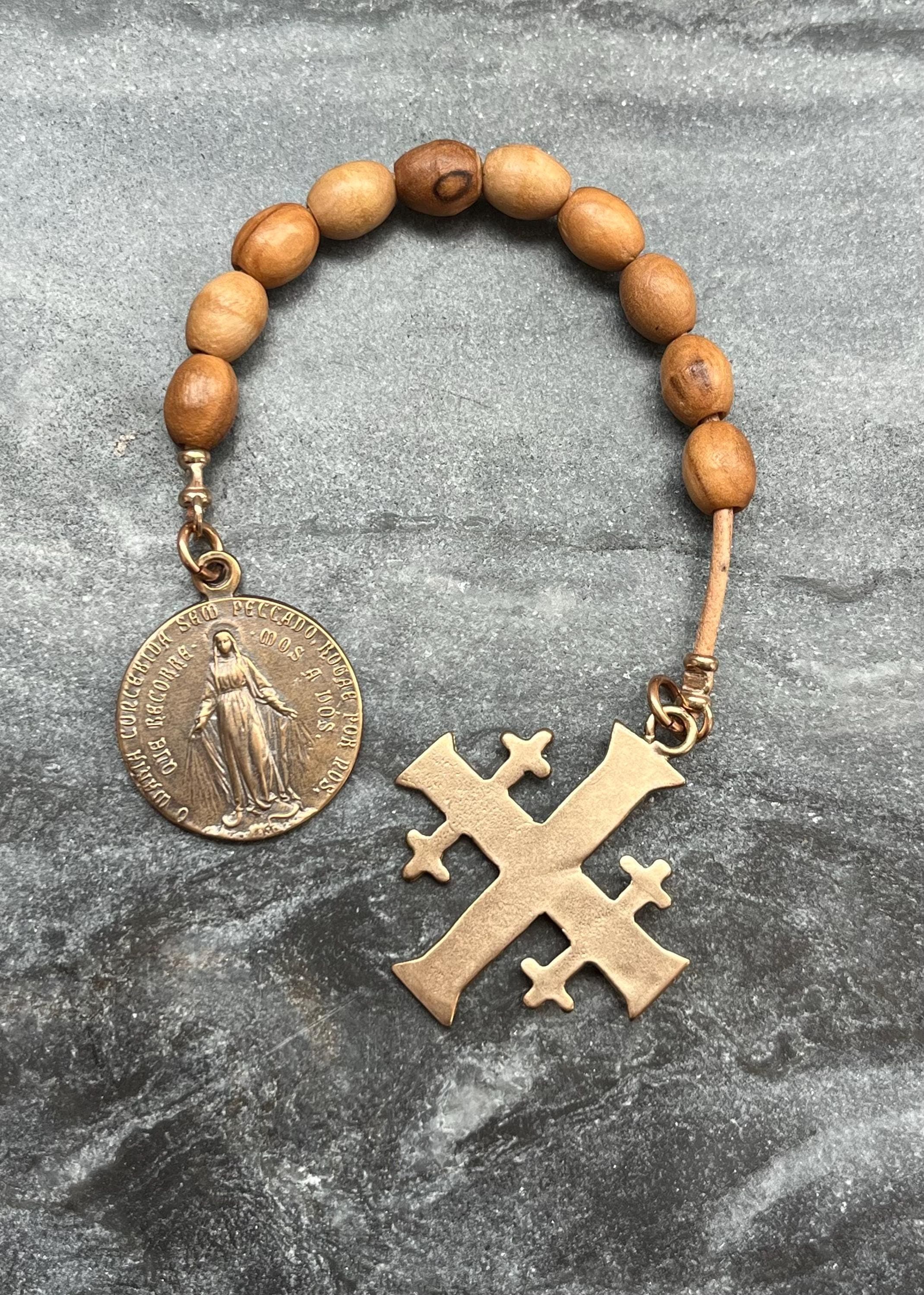 Cross of Jerusalem Tenner - Bronze and leather - Pocket Rosary - Miraculous Medal