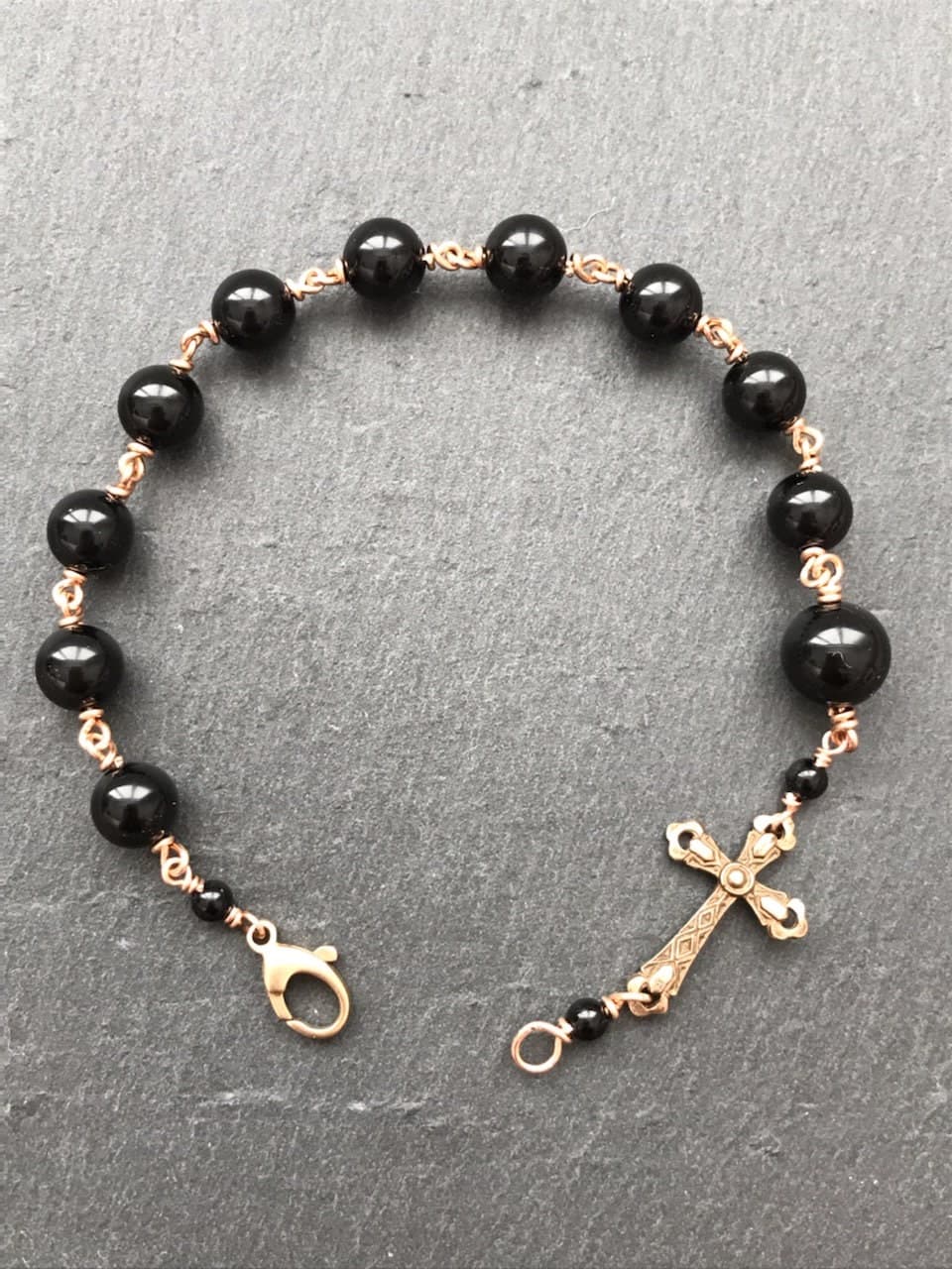 Men&#39;s Cross Onyx and Bronze Rosary Bracelet
