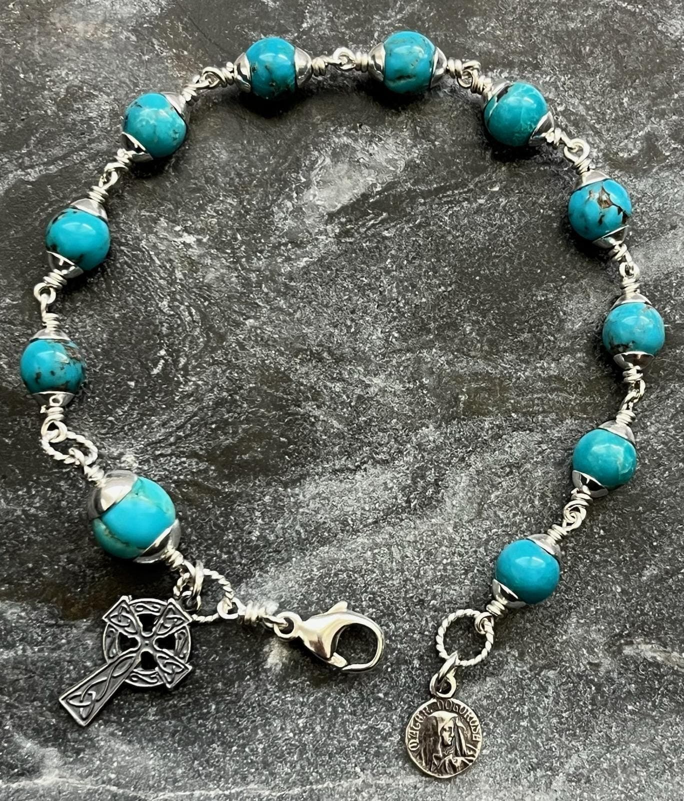 Turquoise and Sterling Silver Rosary Bracelet - Virgin Mary - Mater Dolorosa and Celtic Cross
