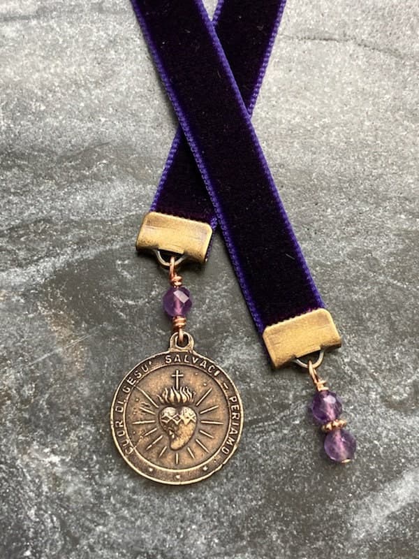 Velvet Catholic Bookmark - Sacred Heart and Holy Name - Bronze - Purple Velvet