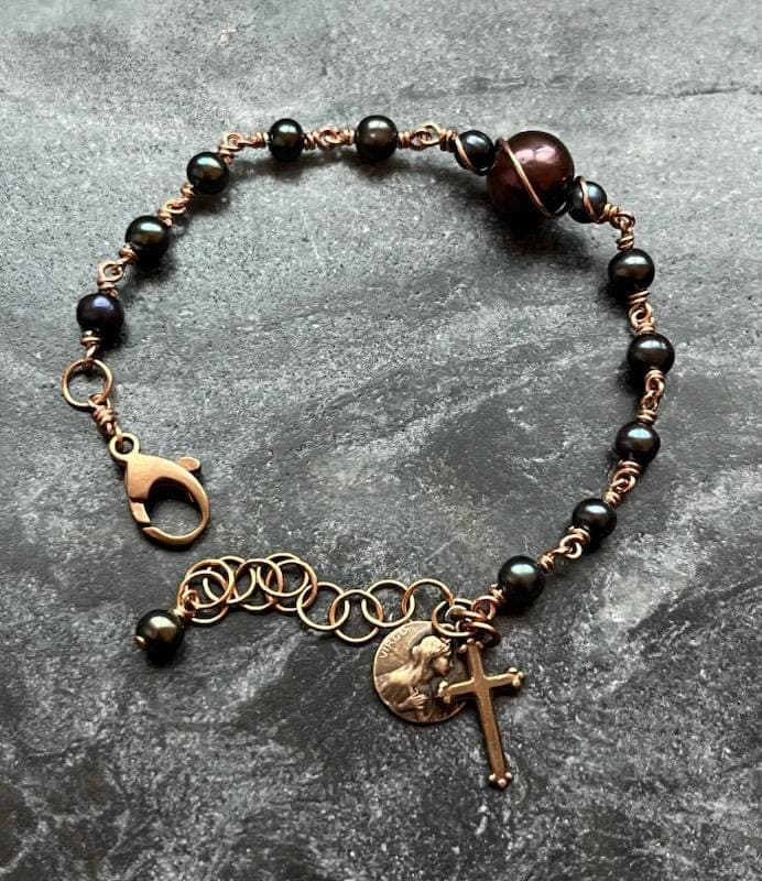 Chocolate and Peacock Freshwater Pearlss and Bronze Rosary Bracelet - Virgin Mary