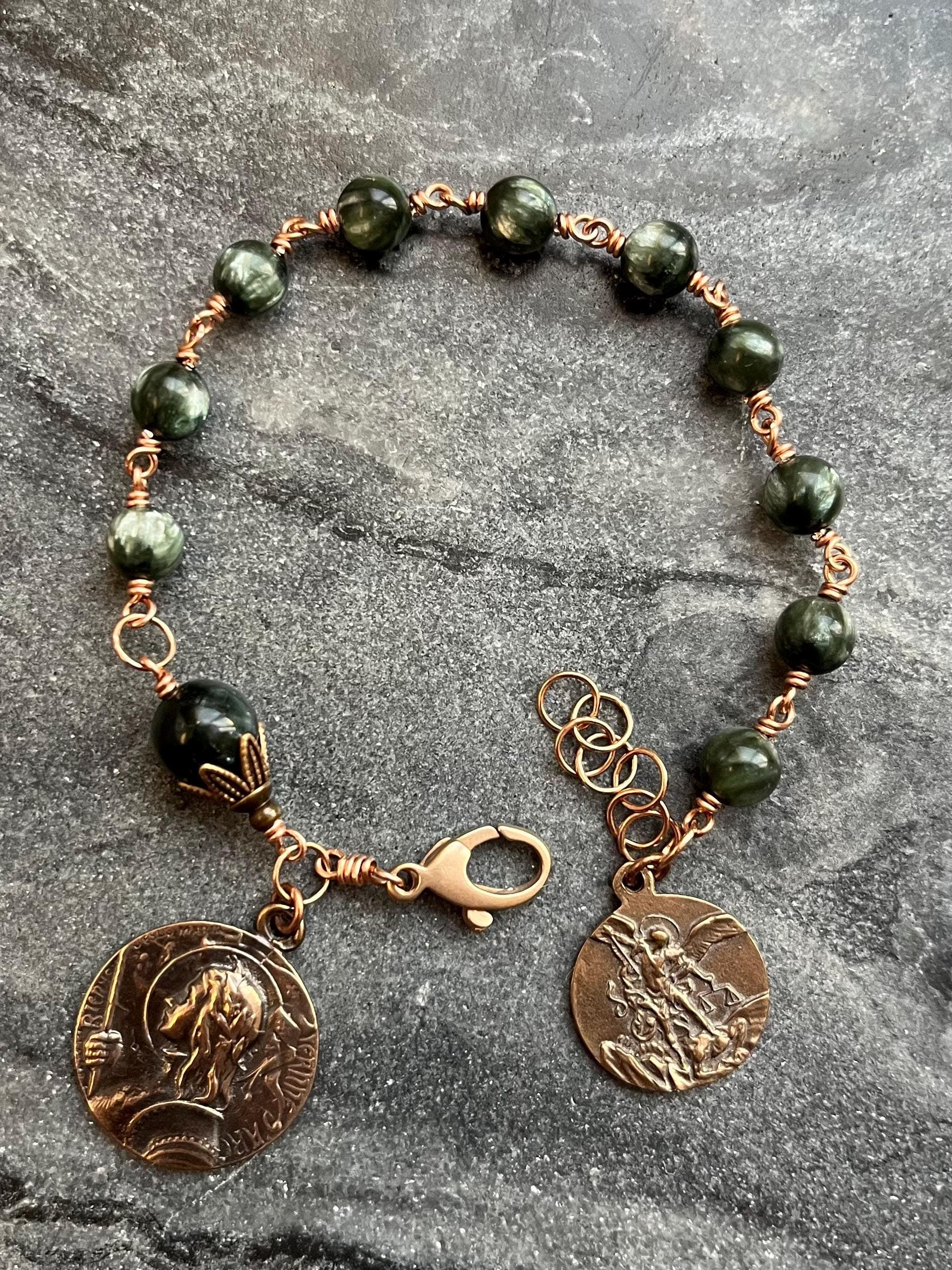Saint Joan of Arc and Saint Michael Seraphinite and Bronze Rosary Bracelet