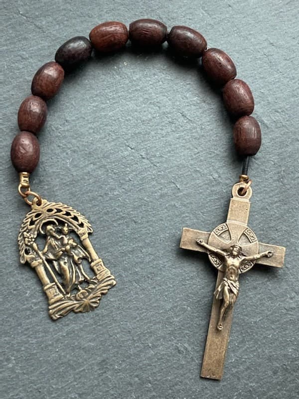 Saint Joseph Tenner - Bronze and leather - Pocket Rosary