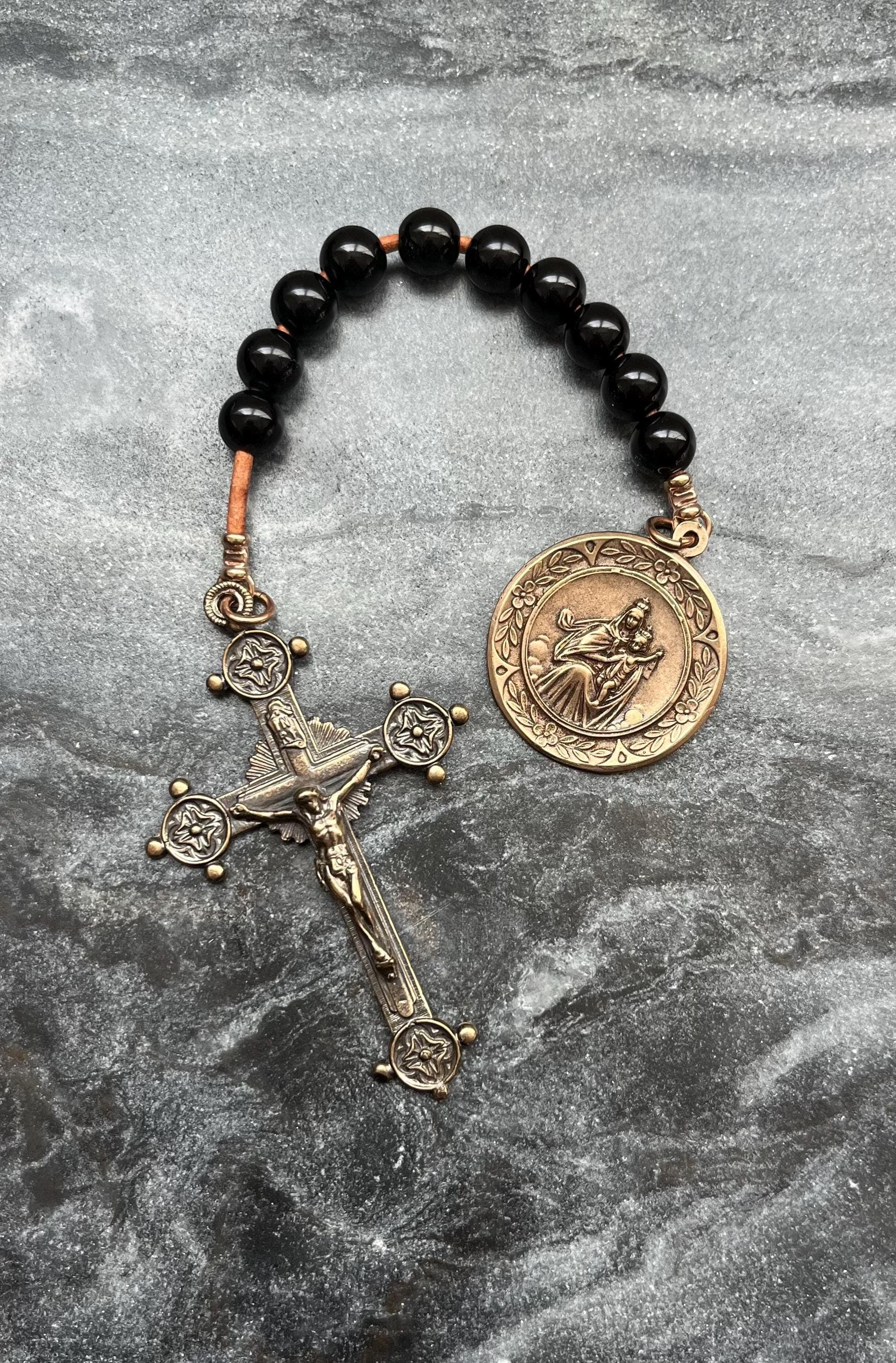 Virgin Mary Tenner - Bronze and leather - Pocket Rosary - Our Lady of Mount Carmel