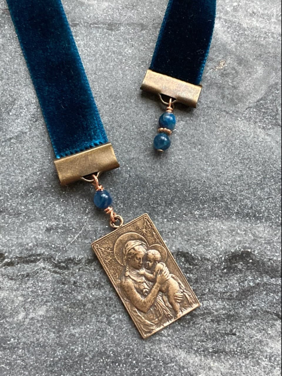 Velvet Catholic Bookmark - Madonna and Child - Bronze - Blue Velvet