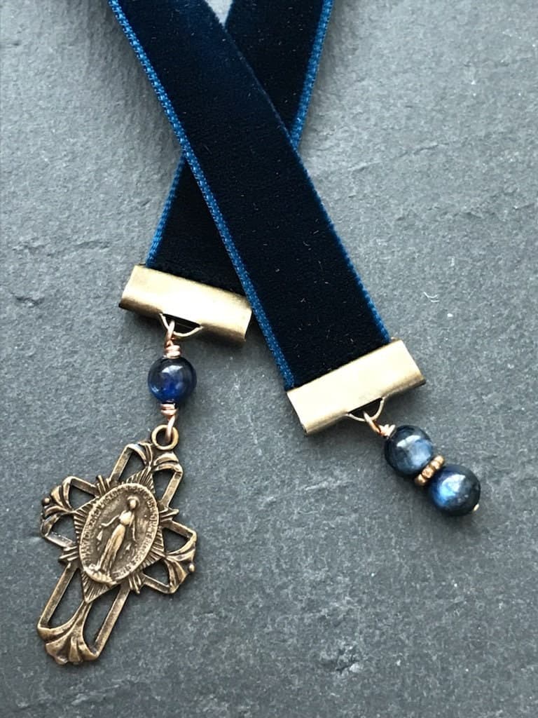 Velvet Catholic Bookmark - Virgin Mary - Bronze - Sapphire Blue Velvet