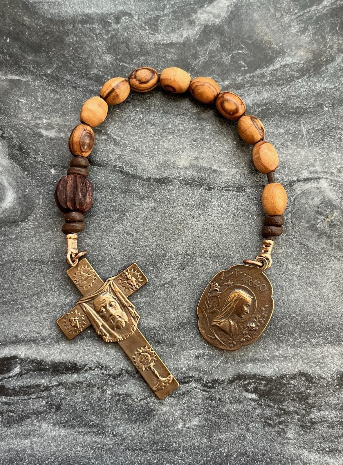 Holy Face of Jesus Tenner - Olive Wood and leather - Virgo Maria Pocket Rosary