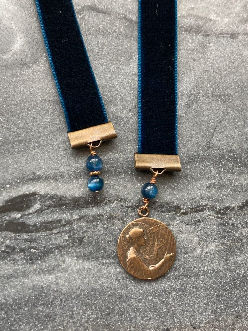 Velvet Catholic Bookmark - Saint Cecilia - Bronze - Sapphire Blue Velvet