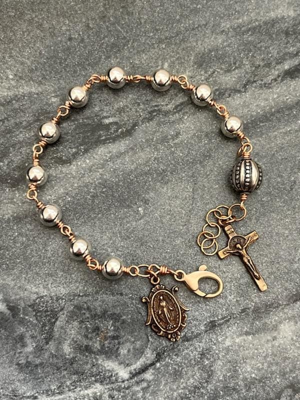 Mixed Metal Bracelet - Sterling Silver and Bronze - Saint Benedict Miraculous Medal