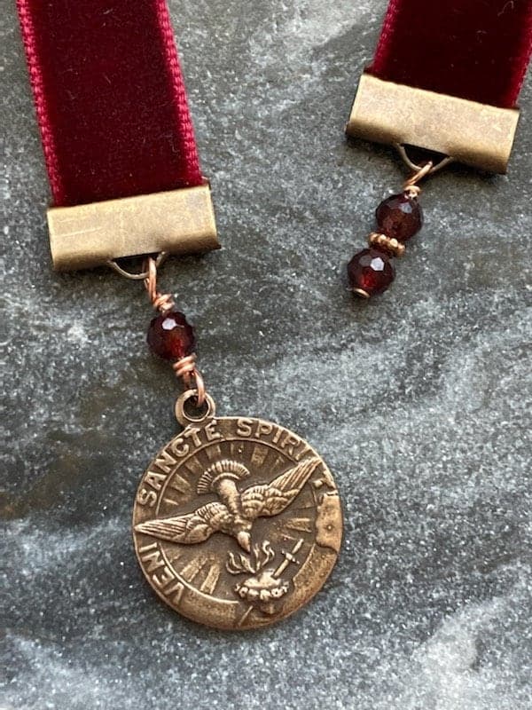Velvet Catholic Bookmark - Holy Spirit - Bronze -Red Velvet