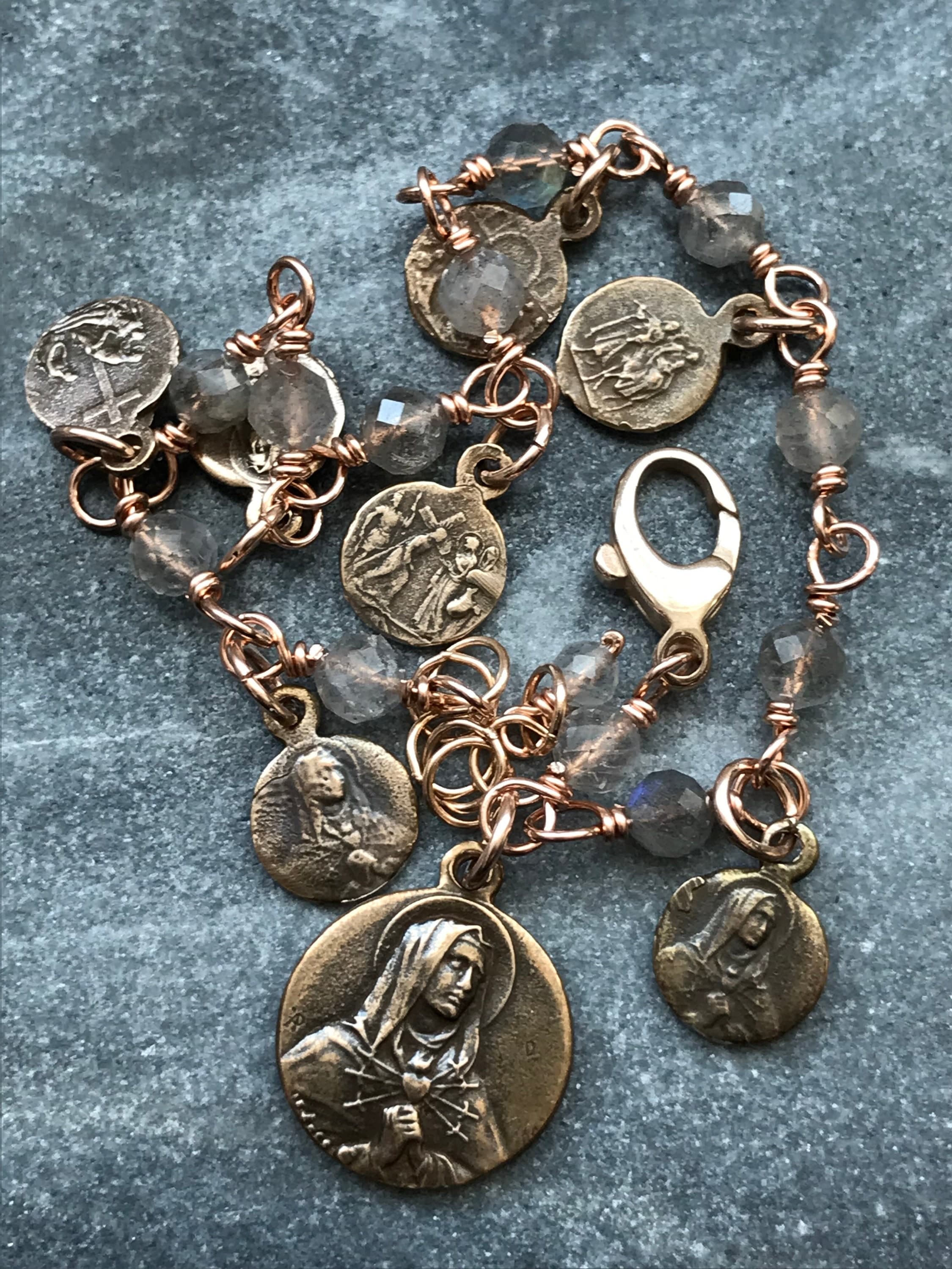 Seven Sorrows Bronze Charm Bracelet - Labradorite Gemstones