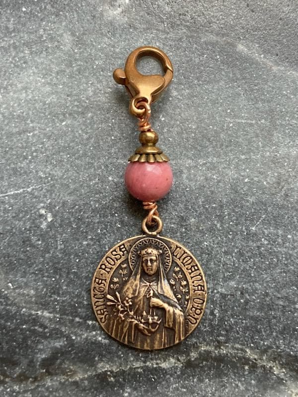 Bag Charm Catholic Saint Rose Zipper Pull - Bronze and Rhodonite
