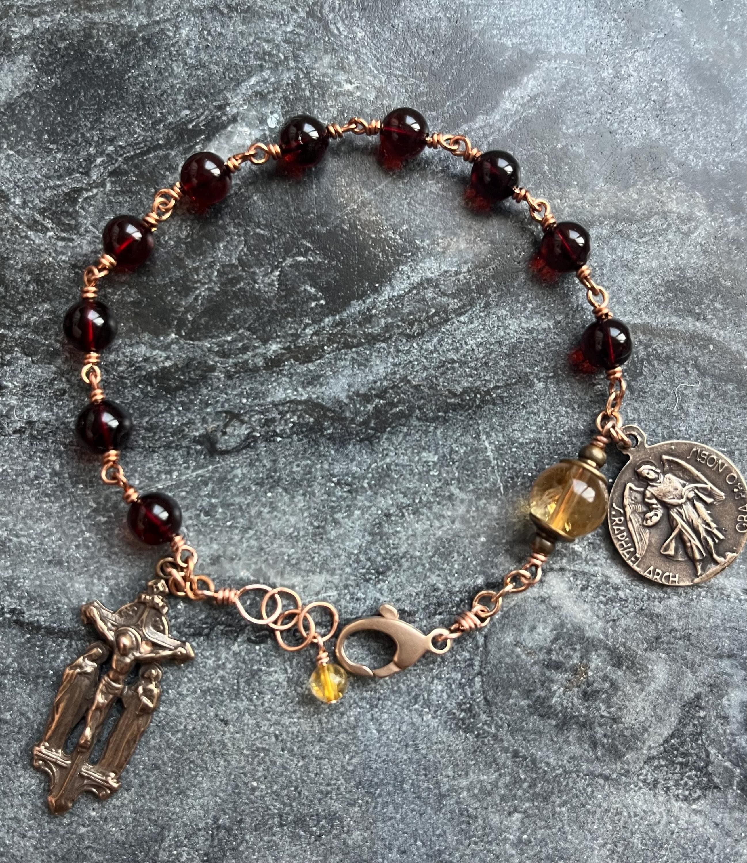Saint Raphael Amber Rosary Bracelet - Saint John of God - Solid Bronze
