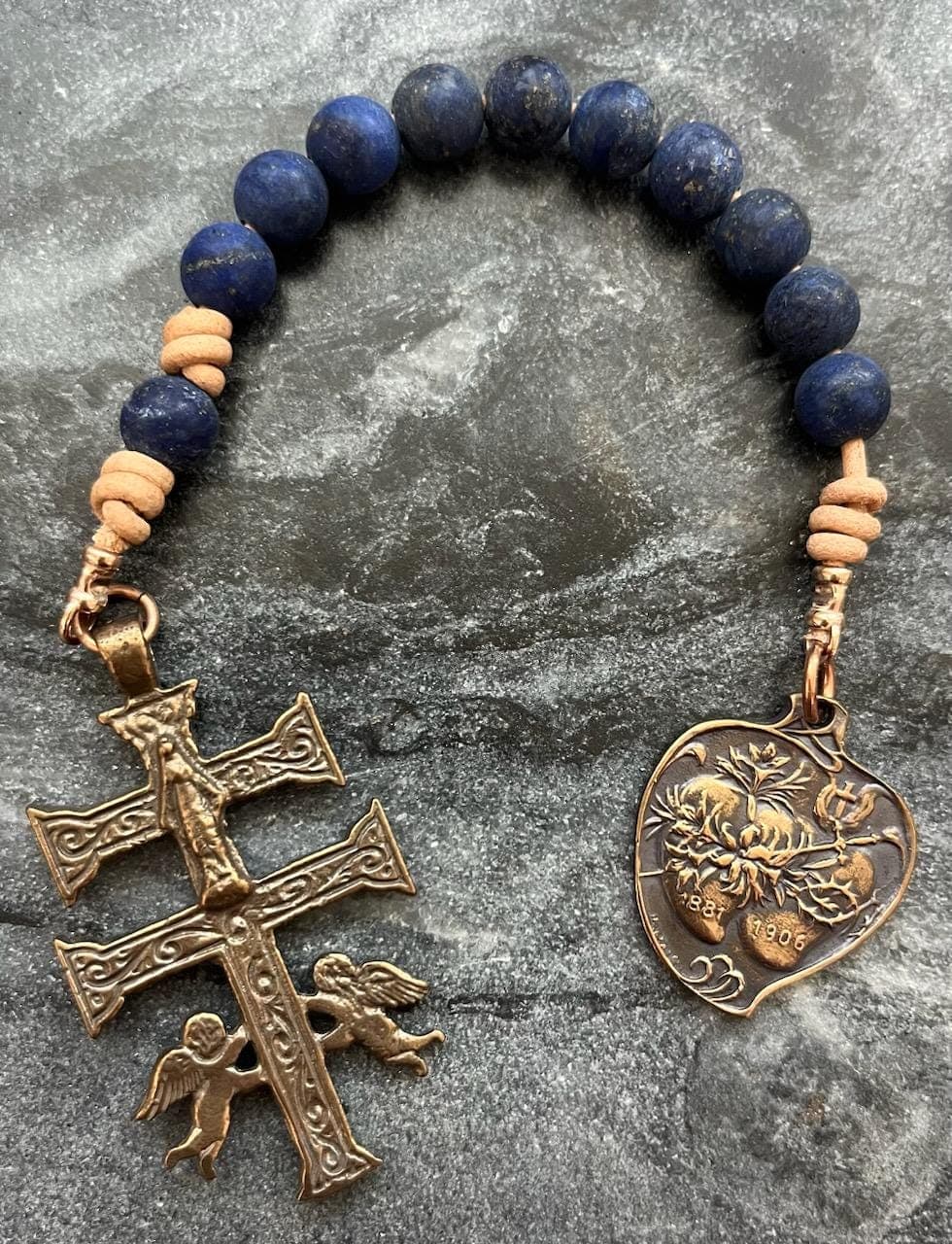 Sacred Heart Immaculate Heart - Caracava Crucifix - Bronze and leather - Pocket Rosary