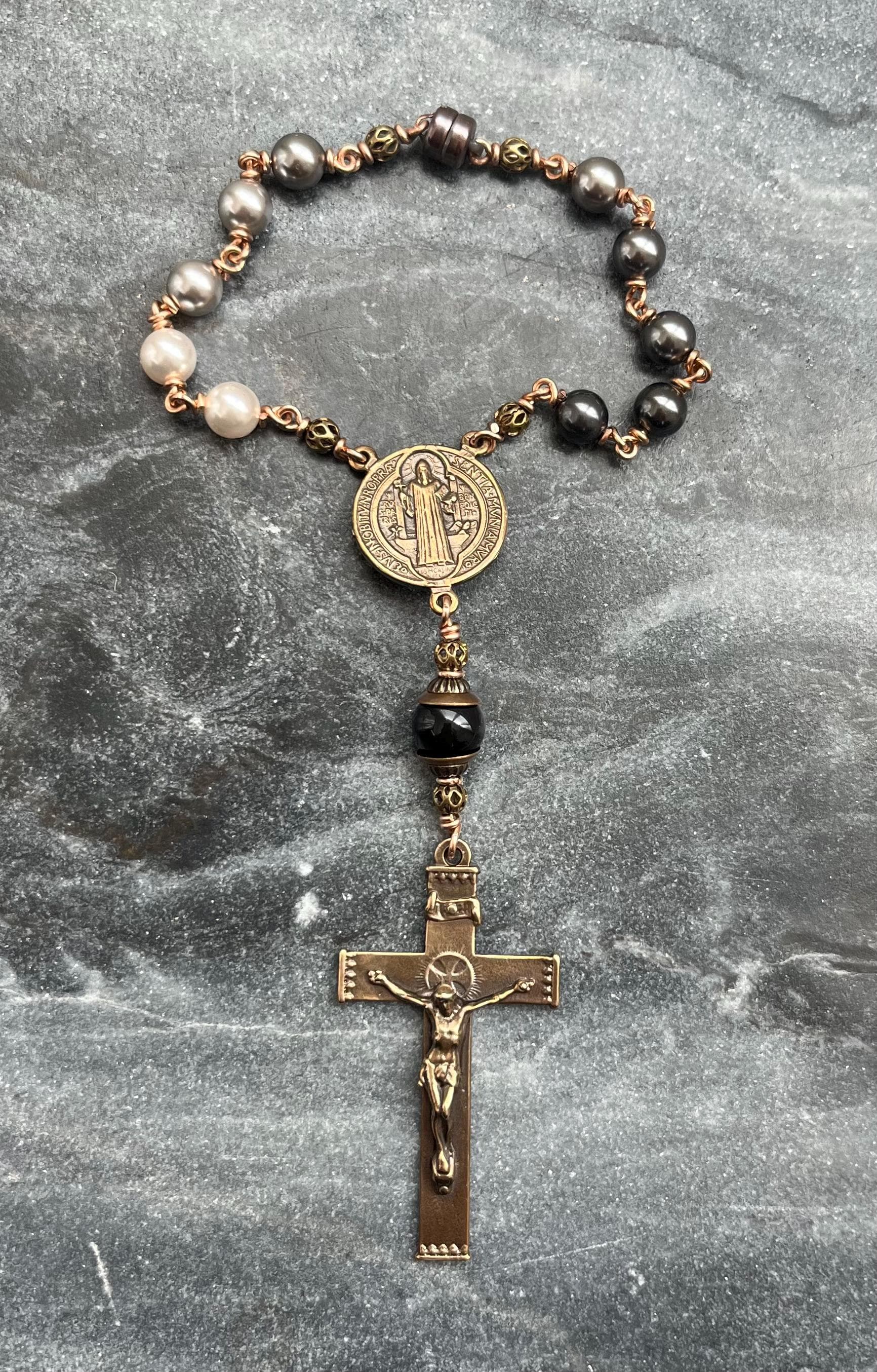 Auto Rosary - Bronze and Ombré Saint Benedict - Car Rosary - Rear View Mirror Rosary