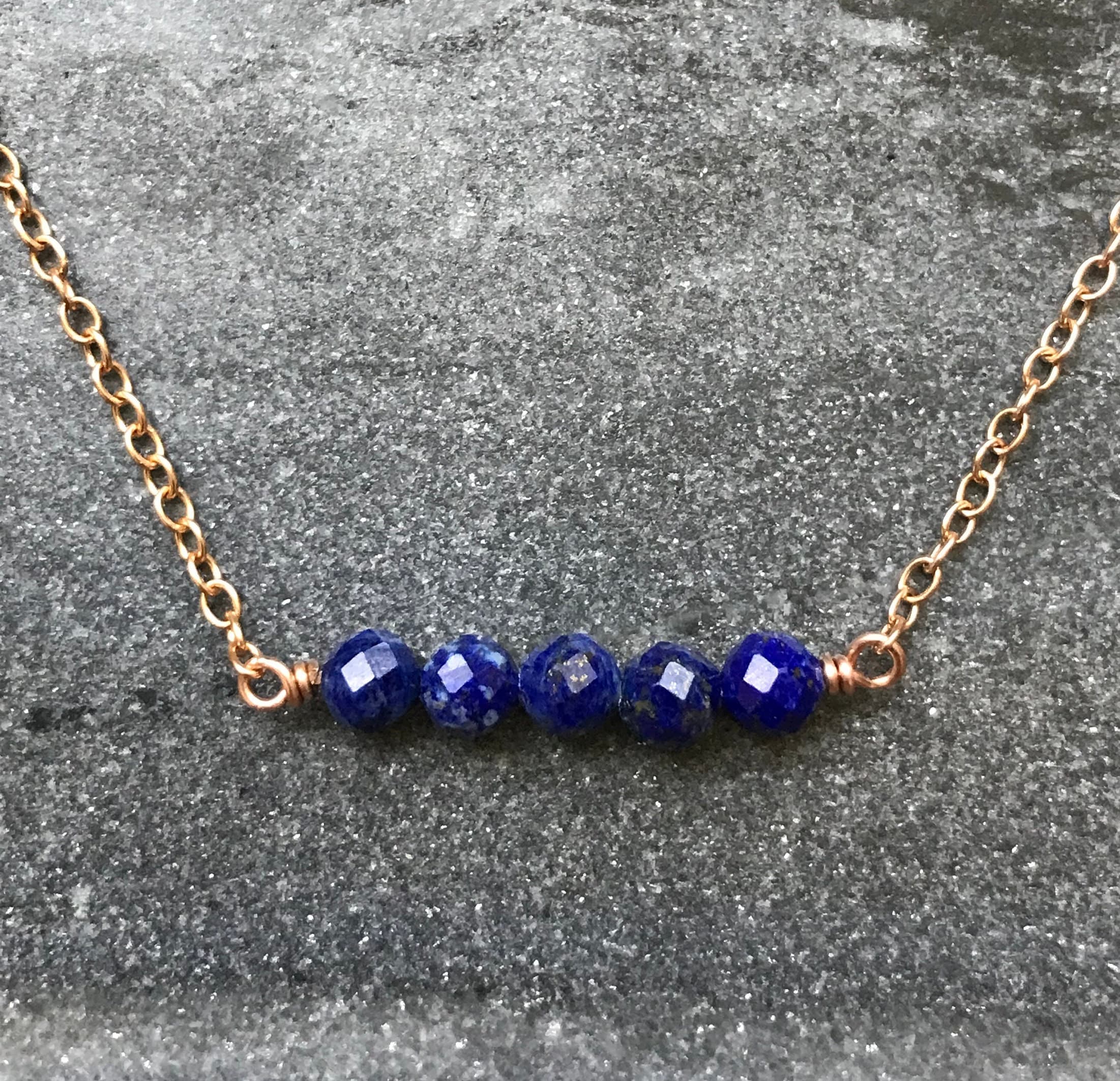 Beaded Bar Necklace - Solid Bronze - Lapis Lazuli