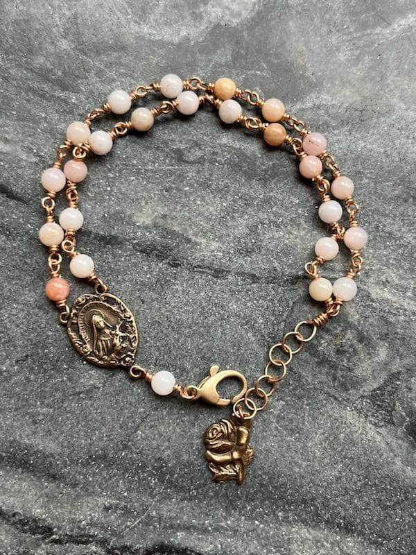 Pink Opal 24 Glory Be Chaplet Bracelet - Saint Therese - Solid Bronze