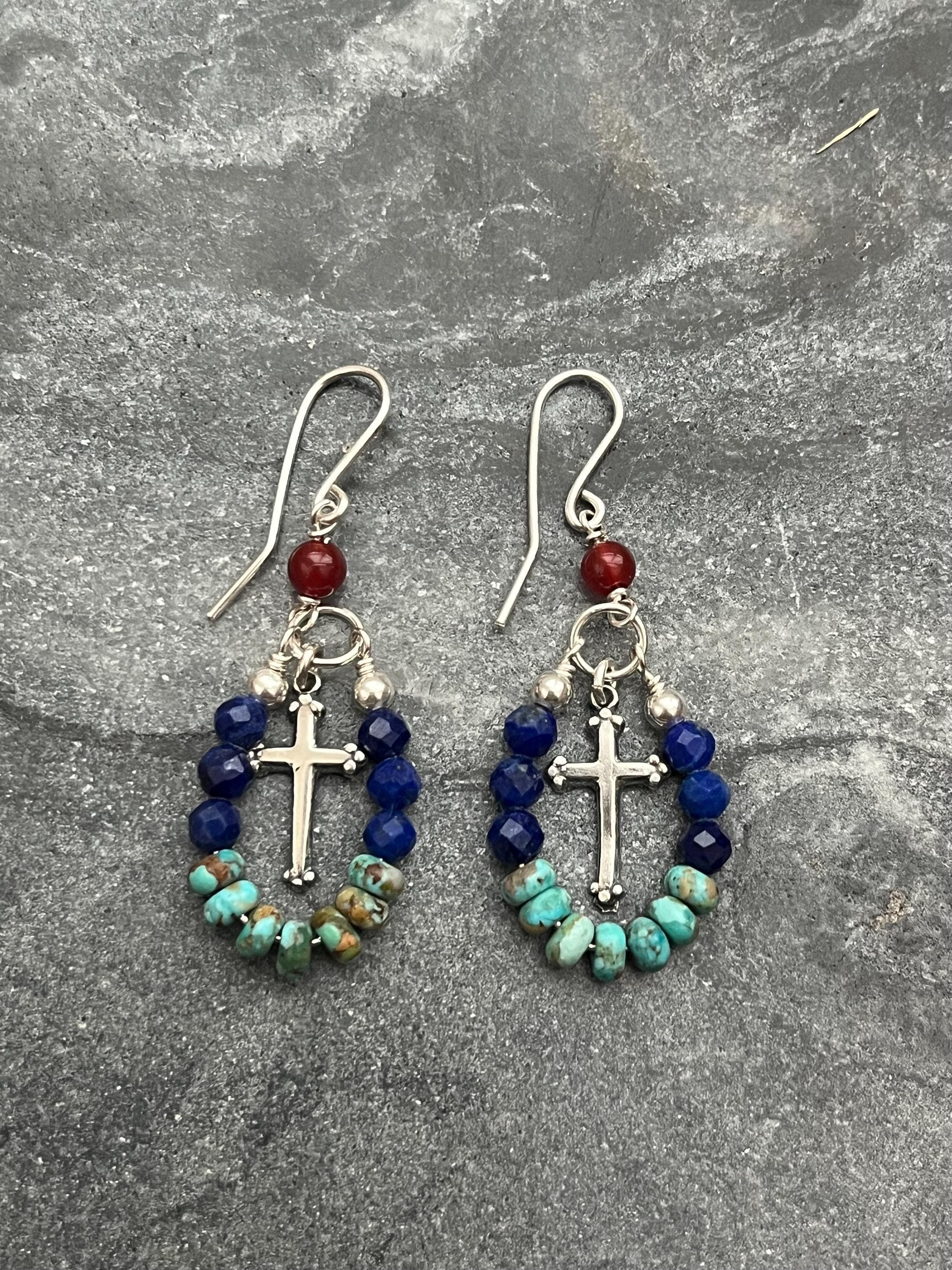 Cross Earrings - Bronze or Sterling Silver and Gemstones