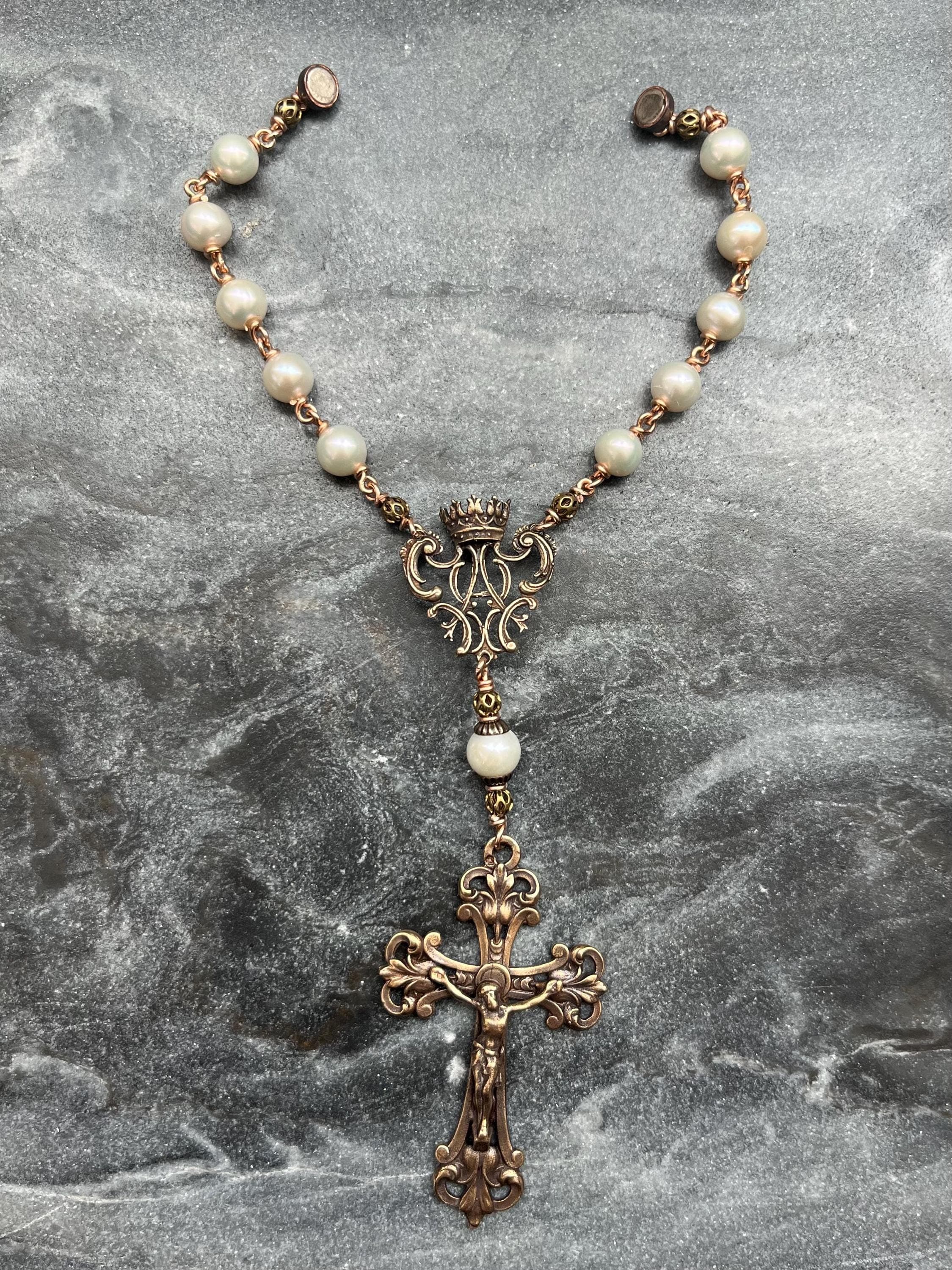Auto Rosary - Bronze and Pearl Marian Auspice - Car Rosary - Rear View Mirror Rosary