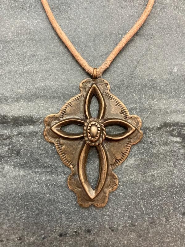 Southwestern Cross Solid Bronze or Sterling silver and Leather Necklace