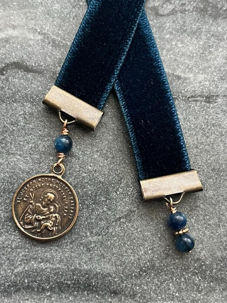 Velvet Catholic Bookmark - Saint Joseph - Bronze - Sapphire Blue Velvet