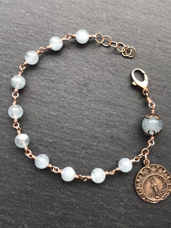 Stella Maris Bronze Rosary Bracelet - Aquamarine Gemstones