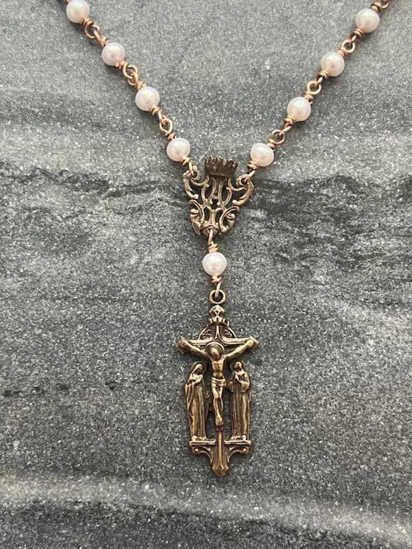 Rosary Necklace - Freshwater Pearl and Bronze