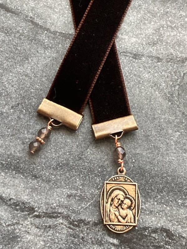 Velvet Catholic Bookmark - Our Lady of Good Counsel - Bronze - Brown Velvet
