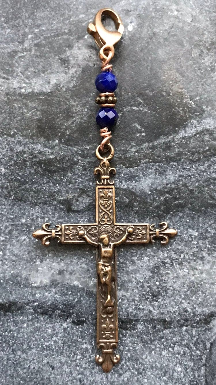 Bag Charm French Crucifix Zipper Pull - Bronze and Lapis