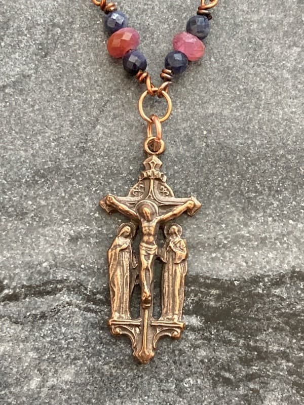 Catholic Crucifixion Necklace - Virgin Mary Saint John Crucifix - Solid  Bronze - Ruby and Sapphire