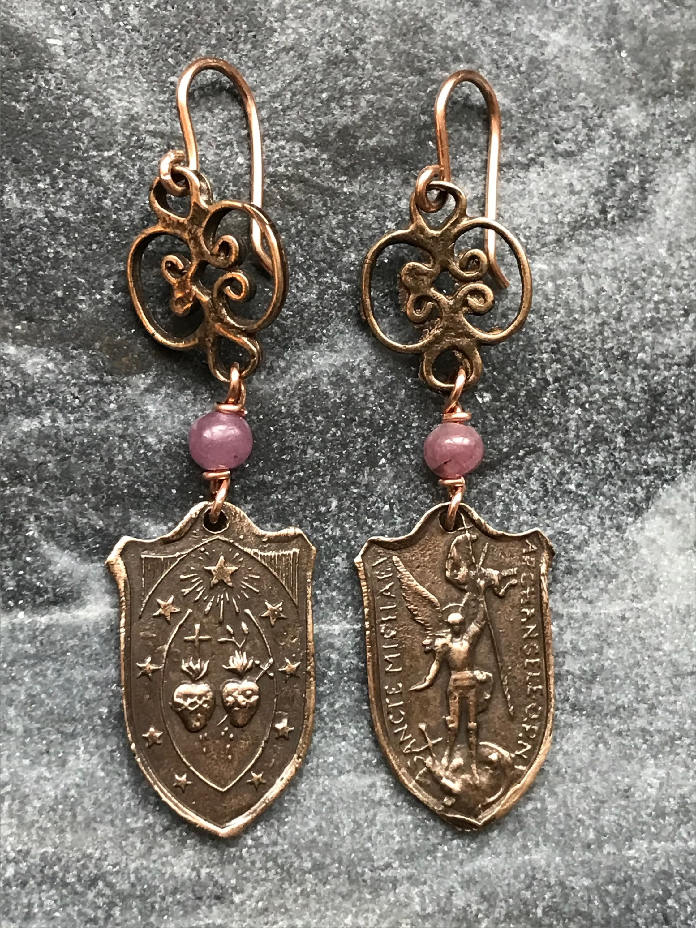 Saint Michael Twin Hearts Bronze Earrings
