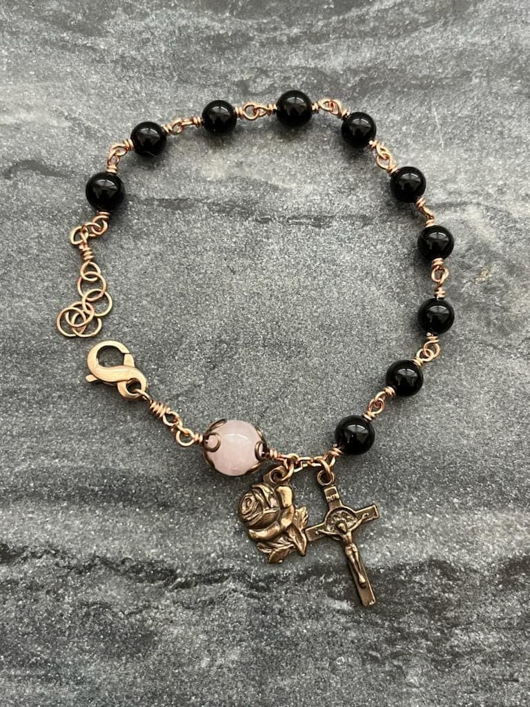 Miraculous Medal - Saint Benedict - Onyx Rose Quartz and Bronze Rosary Bracelet