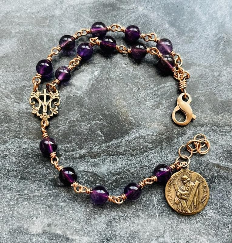 Saint Andrew Christmas Chaplet Bracelet - Solid Bronze and Amethyst